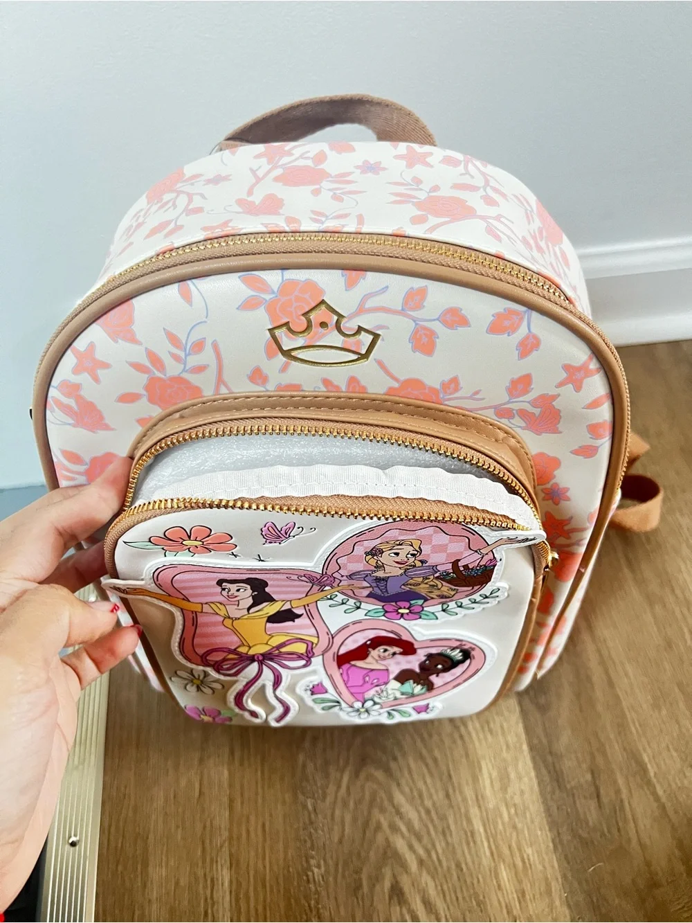 Disney Girls Floral Princess Patch Backpack - Pink, Cream, Tan